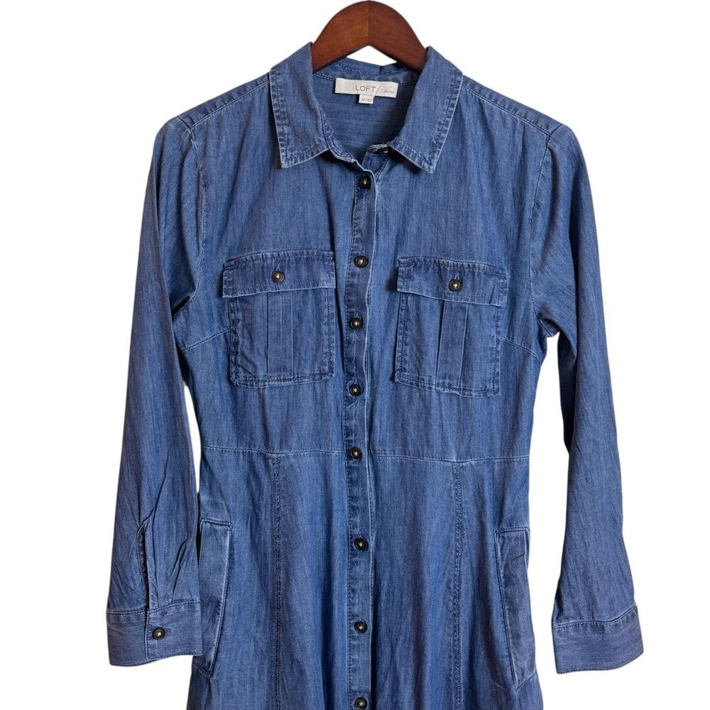 LOFT Chambray Seamed Midi Pocket Shirtdress Size 6 Petite Blue Long Sleeve Dress - Picture 6 of 15